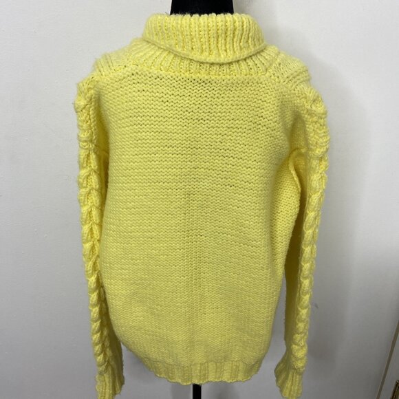 Vintage Hand Knit Cable Irish Woman M Yellow Wool Sweater Oversized 80s - Picture 3 of 7
